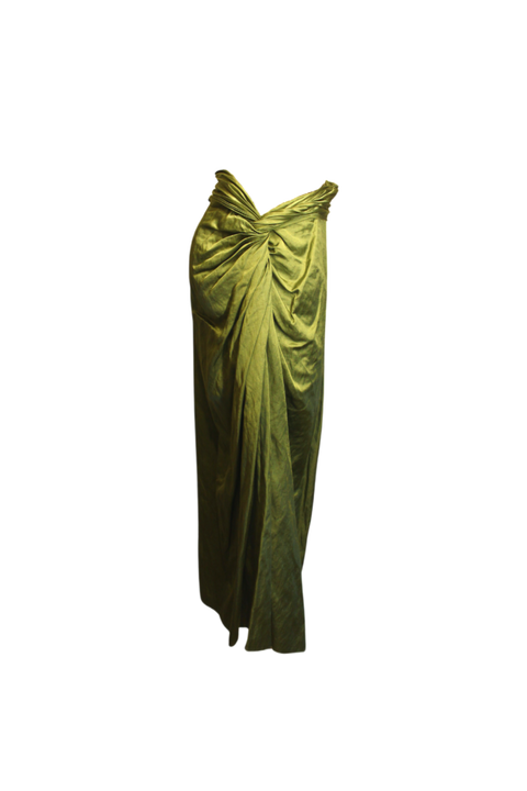 Green Crinkled Satin Midi Skirt