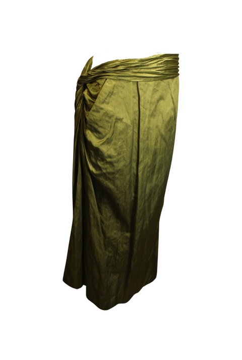 Green Crinkled Satin Midi Skirt